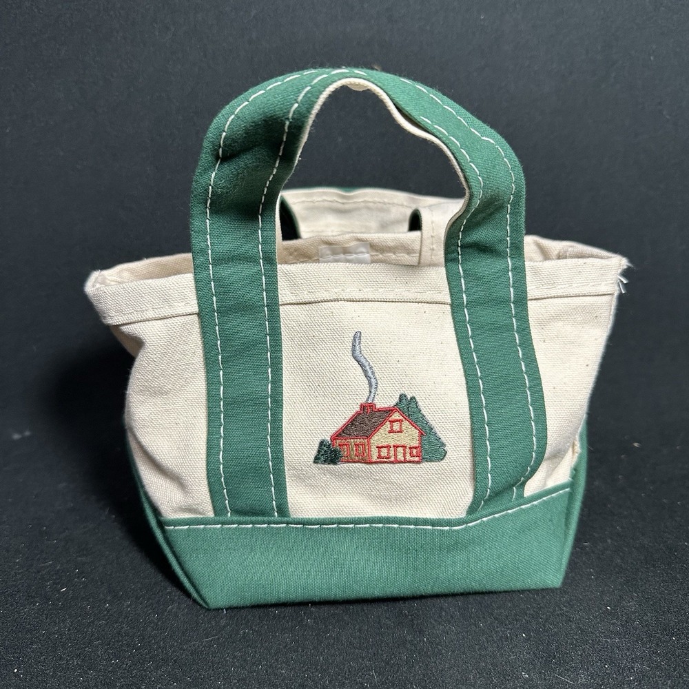 LL Bean Mini Boat & Tote Bag Canvas Green Purse Embroidered Cabin USA